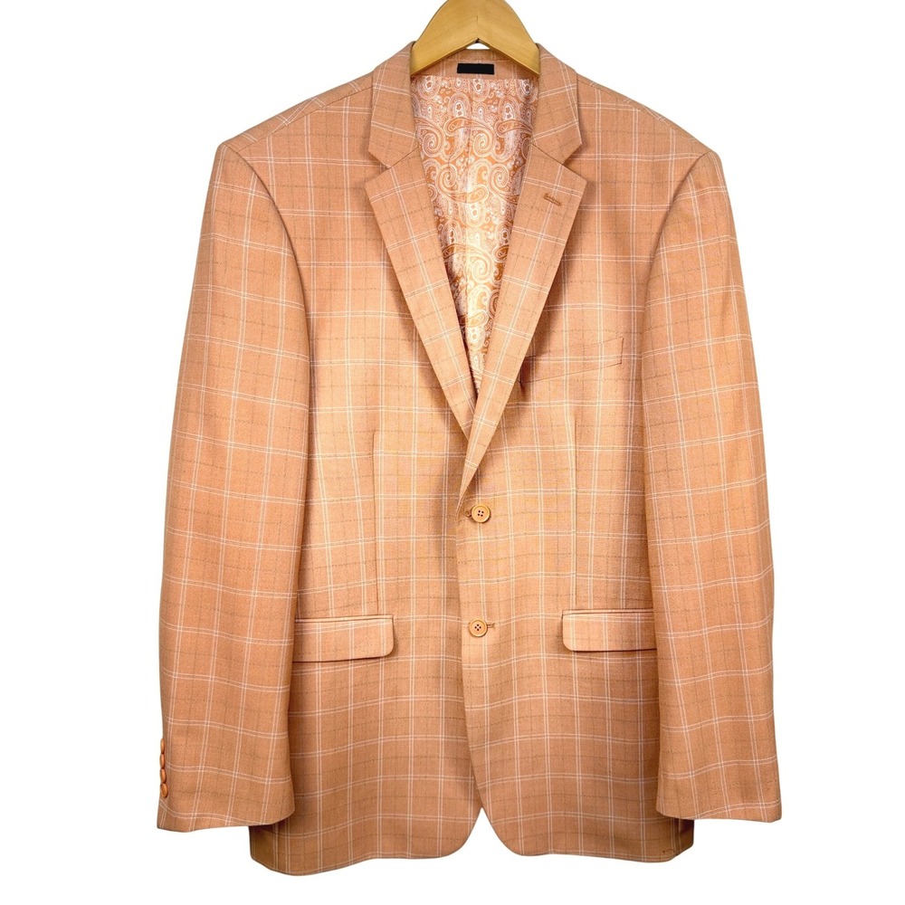 Stacy Adams Gold Blazer Sport Coat Peach Orange Windowpane Plaid Paisley 44L
